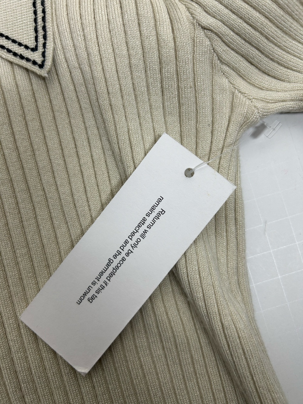 Rumored Ribbed Long Sleeve Polo Sweater Knit Top Cream Contrast Stitch - Picture 7 of 12